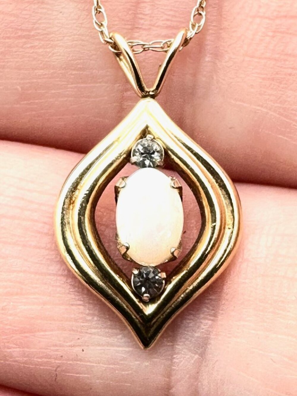 Womens Necklace 14K Gold Opal Diamond Pendant